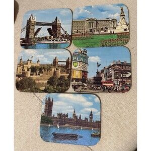 Vintage London Coasters w/cork backing - set of 5 Piccadilly, Tower Bridge